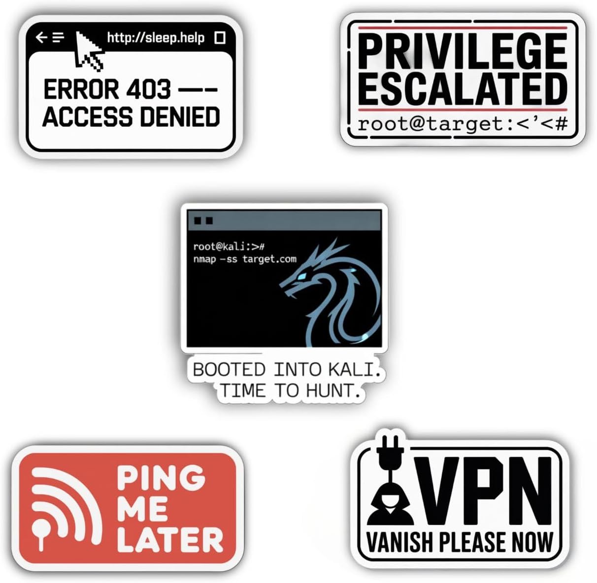 Cybersecurity & Red Team Stickers – Pack of 5, Waterproof & Durable 6x6 cm Vinyl Decals with Ethical Hacking Quotes