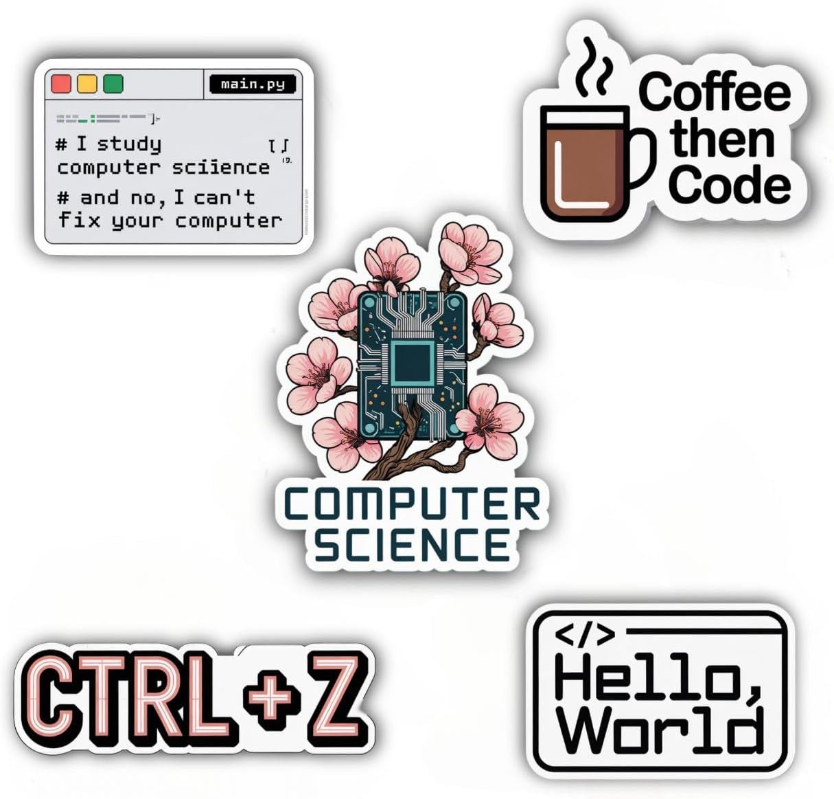 Computer Science Stickers – Pack of 5, Waterproof & Durable 6x6 cm Vinyl Decals with Coding and Programming Quotes