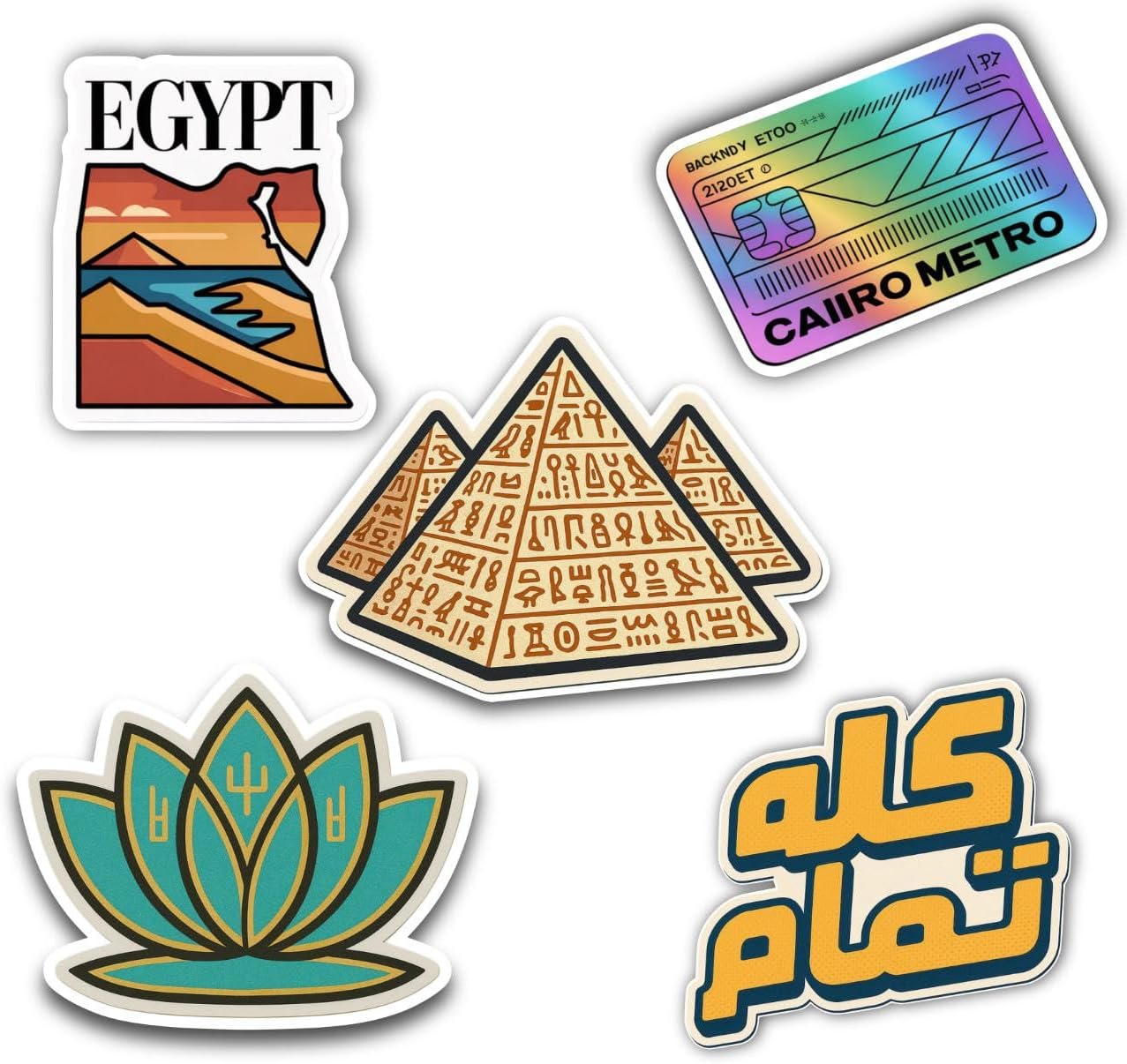 Egypt Travel Vinyl Stickers – Pack of 5, Waterproof & Durable 6x6 cm Decals with Pyramids, Cairo Designs