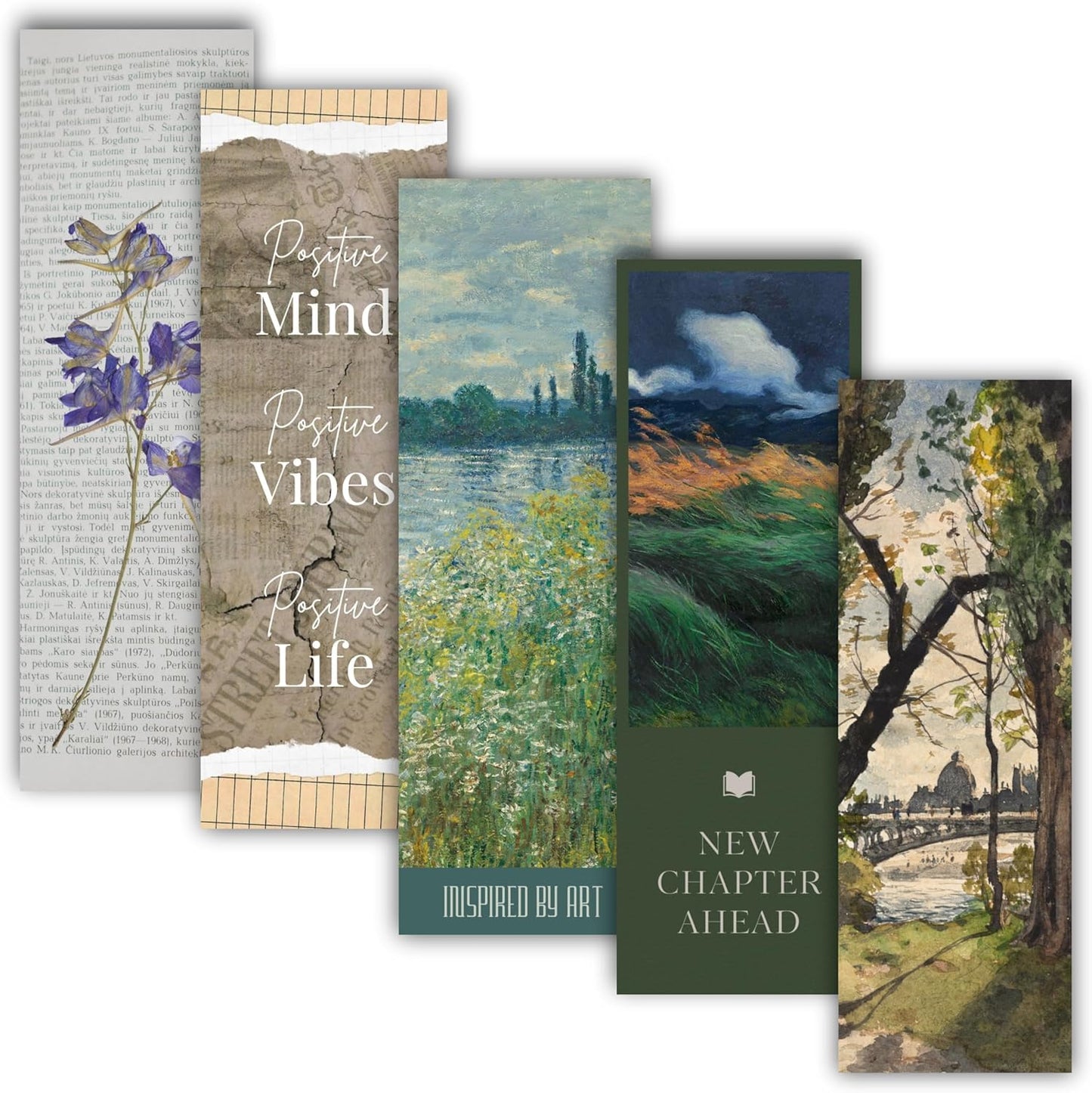 Inspirational Bookmarks, Pack of 5, Classic Design with Positive Quotes and Nature Prints